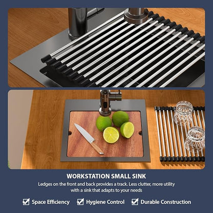 15 Inch Drop In RV Bar Sink - Beslend 15x15 Gunmetal Black Topmount Sink for RV Camper, Black Stainless Steel Wet Bar Workstation with Cutting Board, Roll-up Rack, Drain Assembly & Rinse Grid