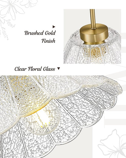 Modern Pendant Light Fixtures, HWH Pendant Lights for Island Dining Room Hallway, Bedroom, Gold Hanging Lighting with Clear Floral Glass, Brushed Gold Finish, 5HJX110MIL BG