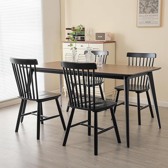 ClinQ Windsor Dining Chair Set of 4, Spindle Back Wooden Chairs for Kitchen and Dining Room, Farmhouse Country Wooden Dining Chairs for Dining Living Room, Farmhouse Restaurant, Black