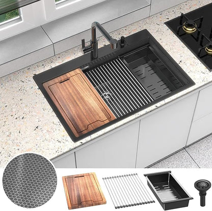 33inch Drop In Kitchen Sink Metal Black - Feibus 33x22x10 Sink with Double Step Workstation 16 Gauge Honeycomb Embossment Stainless Steel Single Bowl