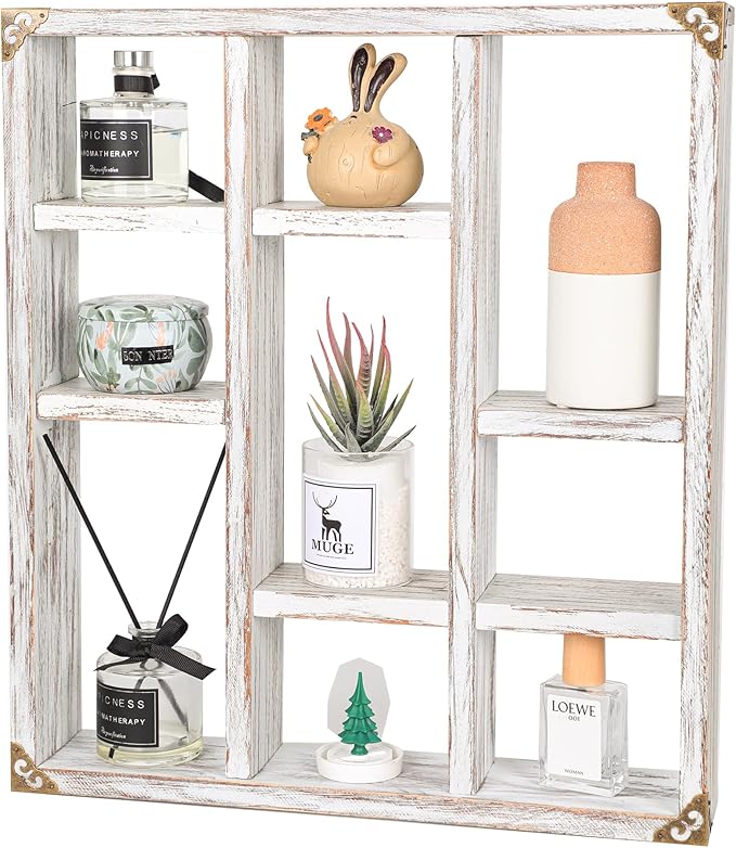 17.7x15.7-Inch Shadow Box Shelf 9-Slot Rustic Floating Shelves Larger Wall Mounted Shelf Lightweight Solid Wood Display Shelf Freestanding Farmhouse(9C-Rustic White)