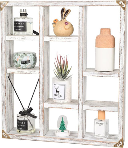 17.7x15.7-Inch Shadow Box Shelf 9-Slot Rustic Floating Shelves Larger Wall Mounted Shelf Lightweight Solid Wood Display Shelf Freestanding Farmhouse(9C-Rustic White)