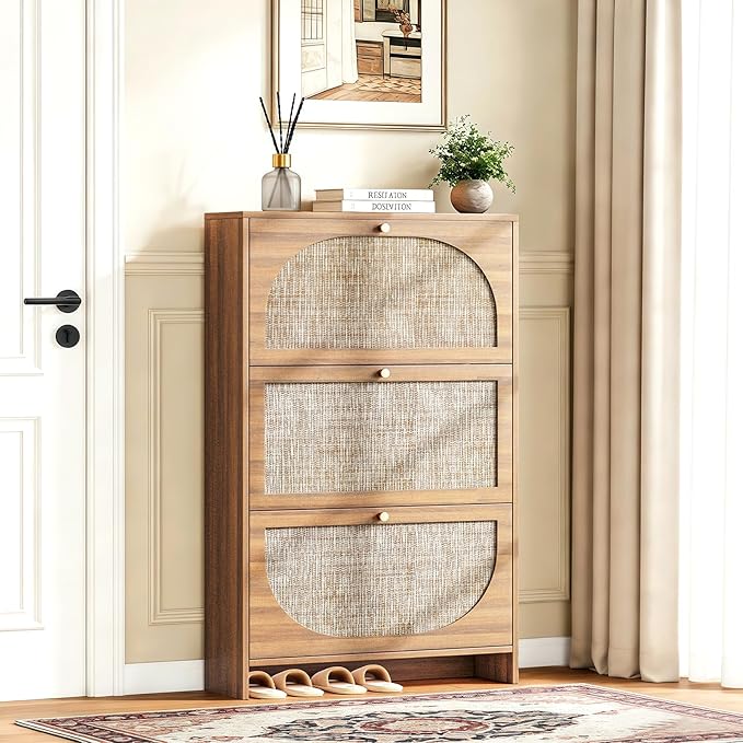 Nicetree Shoe Storage Cabinet for Entryway, Rattan Vintage Flip Shoe Rack- 3 Flip Drawers & 3-Tier Adjustable Shelves,Boho Shoe Organizer for 24-30 Pairs - Fits Size 12 Boots, 9.5" Ultra Slim (Oak)