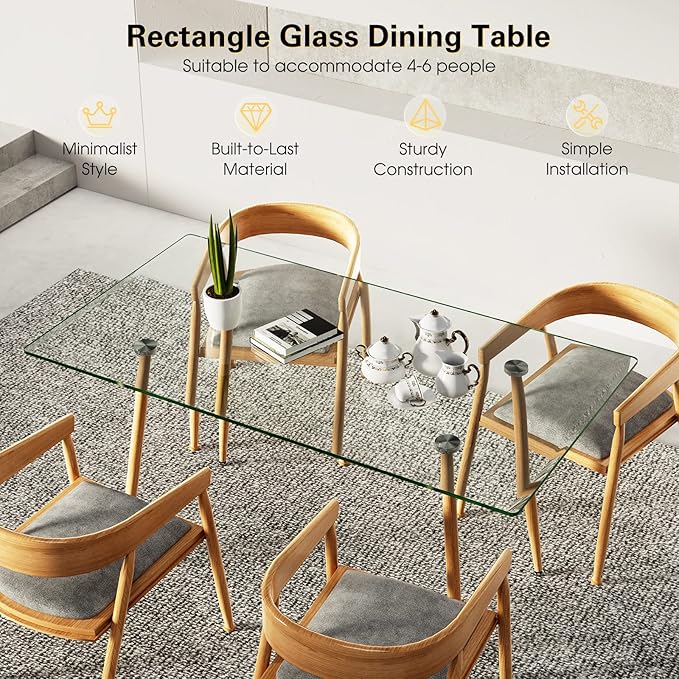 Moccha 51” Glass Dining Table, Modern Rectangular Table with Spacious Tempered Glass Tabletop & Wood Grain Metal Legs, Adjustable Foot Pads, Transparent Kitchen Table for Home Office