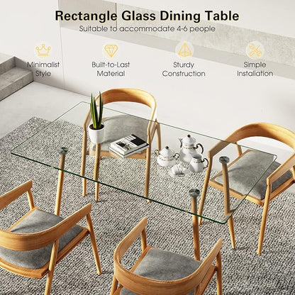 Moccha 51” Glass Dining Table, Modern Rectangular Table with Spacious Tempered Glass Tabletop & Wood Grain Metal Legs, Adjustable Foot Pads, Transparent Kitchen Table for Home Office
