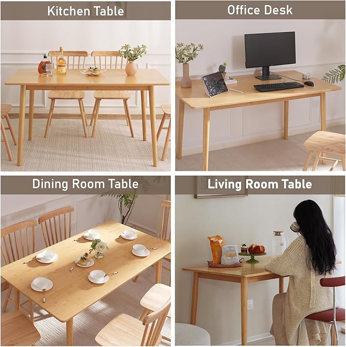 BAKEVE Bamboo Dining Table for 4-6-8 Person- 55'' Solid Wood Kitchen Table, Mid Century Modern Desk, Farmhouse Rectangular Dining Room Table for Living Room, Office, Kitchen and Study (Natural)