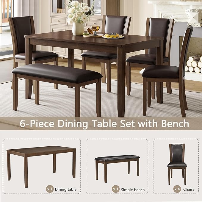 6-Piece Dining Table Set with Bench, Modern Wood Dining Table Set for 6, Kitchen and Dining Room Table and Chairs Set, Grey & White Two-Tone
