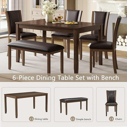 6-Piece Dining Table Set with Bench, Modern Wood Dining Table Set for 6, Kitchen and Dining Room Table and Chairs Set, Grey & White Two-Tone