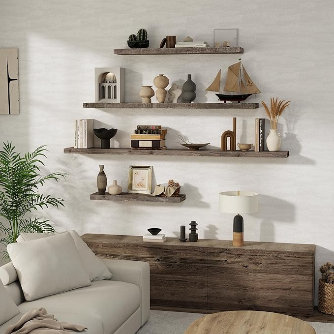 FLYJOE Floating Shelves Reclaimed Barnwood, 8" Deep Solid Wood Floating Shelf Wall Hanging Shelves with Invisible Heavy-Duty Metal Bracket | Wall Mounted | Farmhouse Style | 40 inches,2PCS,Grey