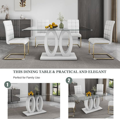 63" Glass Dining Table, Rectangular Kitchen Table with Tempered Glass Tabletop and White O-Shaped MDF Base, Modern Dining Room Table for Kithchen, Living Room