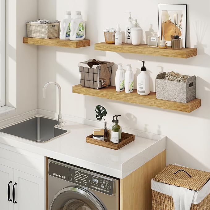 fuqing Floating Shelves for Wall, Wall Mounted Wood Floating Shelf with Invisible Brackets for Living Room, Bathroom, Bedroom, Kitchen Storage and Decor, 30 Inch Set of 2, Oak