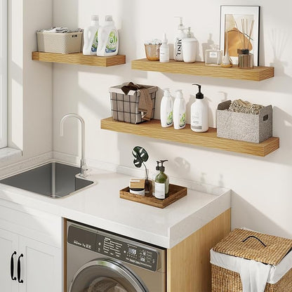 fuqing Floating Shelves for Wall, Wall Mounted Wood Floating Shelf with Invisible Brackets for Living Room, Bathroom, Bedroom, Kitchen Storage and Decor, 30 Inch Set of 2, Oak