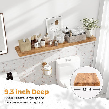 RICHFOCUS Live Edge Elm Floating Shelves - 48" W x 9.3" D Rustic Solid Wood Wall Shelves with Invisible Bracket, Wall-Mounted for Living Room, Bedroom, Kitchen Storage & Display, Set of 1, Natural