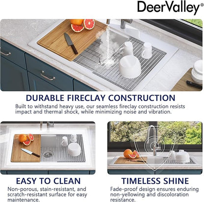 DeerValley 33 inch Workstation Kitchen Sink White Fireclay Undermount Farmhouse Sinks Single Bowl Deep Drop-in Modern Sink with Workstation Accessories