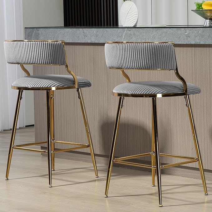 (Set of 2) 26'' Counter heightstools Corduroy Kitchen Island Counter Stool with Back,Golden Chromed Base and footrest,for Living Room