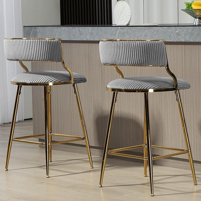 (Set of 2) 26'' Counter heightstools Corduroy Kitchen Island Counter Stool with Back,Golden Chromed Base and footrest,for Living Room