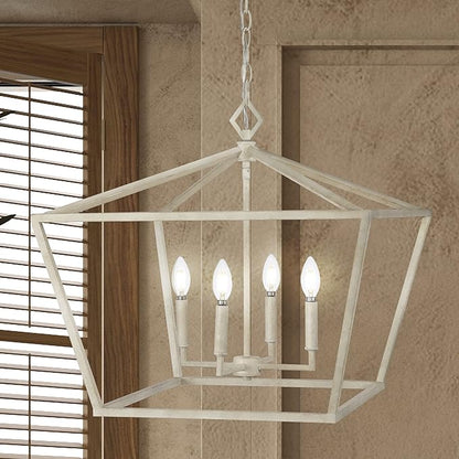 JONATHAN Y 23" Antique White 4-Light Rustic Glam Adjustable Iron LED Pendant, Open Cage Lantern Hanging Light for Dining Room, Kitchen Island, Foyer, Farmhouse French Country JYL7520A