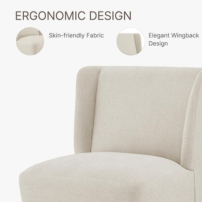 KISLOT Upholstered Dining Chairs Set of 1 with Casters, Wingback Modern Side Armless Deskchair with Rollers for Diningroom Bedroom Livingroom Reading Room, Cream Beige Fabric