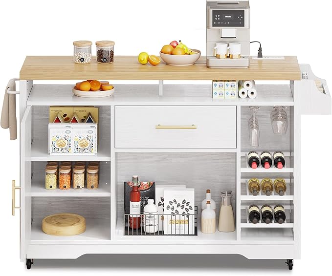YITAHOME Large Kitchen Island with Power Outlet, Rolling Kitche Cart with Wine Rack, Mobile Storage Islands with Spice Rack Glass Holder, Island Table on Wheels for Living Room, 50 Inch Wide, White