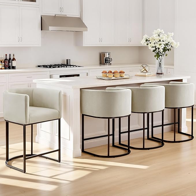 24" Counter Height Bar Stools Set of 2, Modern Barrel Counter Stools with Backrest and Arms, Fabric Upholstered Accent Barstools with Metal Legs for Kitchen Island,Sand