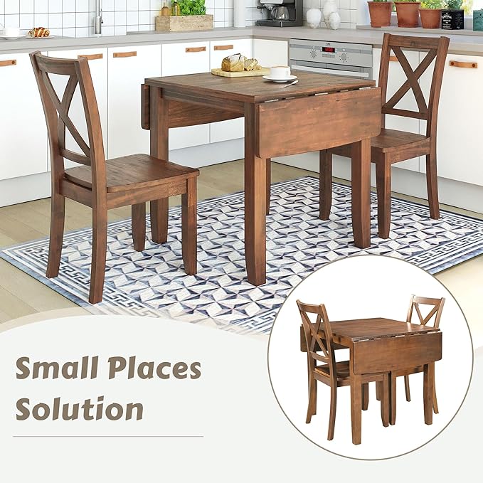 3-Piece Farmhouse Dining Table Set, Wood Drop Leaf Breakfast Nook Dining Table Set with 2 X-Back Chairs for Small Places (Brown+Drop Leaf*)