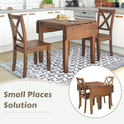 3-Piece Farmhouse Dining Table Set, Wood Drop Leaf Breakfast Nook Dining Table Set with 2 X-Back Chairs for Small Places (Brown+Drop Leaf*)