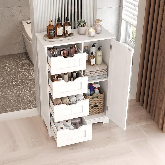 Casaphoria Bathroom Storage Cabinet with Drawers, Freestanding Floor Cabinet with Door and Adjustable Shelf, 4-Drawer Sideboard for Bathroom, Living Room, Kitchen, White