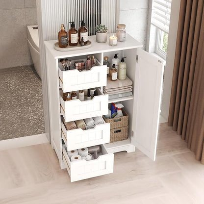 Casaphoria Bathroom Storage Cabinet with Drawers, Freestanding Floor Cabinet with Door and Adjustable Shelf, 4-Drawer Sideboard for Bathroom, Living Room, Kitchen, White