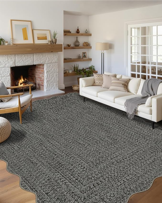 Imitation Braided Collection-Print Washable Rugs 10x13 Area Rug for Living Room Scalloped Bedroom Rug Soft Large Area Rug Non Slip Throw Rugs Stain Resistant Carpet for Nursery Dining Room