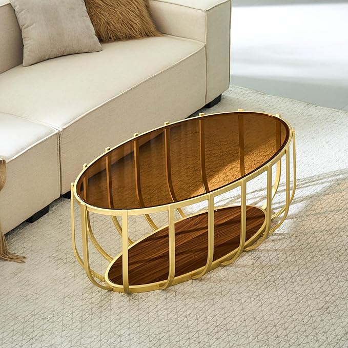 Saint Mossi Mid Century Modern Coffee Table, Glass Oavl Center Table for Living Room, Brown Glass Top and Walnut Shelf with Gold Finish Legs, D42xW23xH16