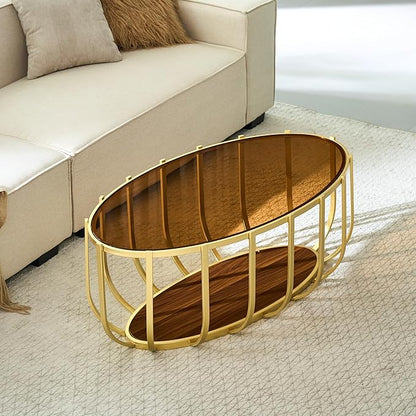 Saint Mossi Mid Century Modern Coffee Table, Glass Oavl Center Table for Living Room, Brown Glass Top and Walnut Shelf with Gold Finish Legs, D42xW23xH16