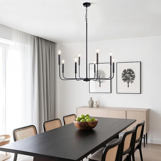 LALUZ 8-Light Black Chandelier, 31.5'' Large Farmhouse Dining Room Light Fixture Over Table, Modern Chandeliers Hanging Lights Fixtures for Living Room Foyer Staircase High Ceilings