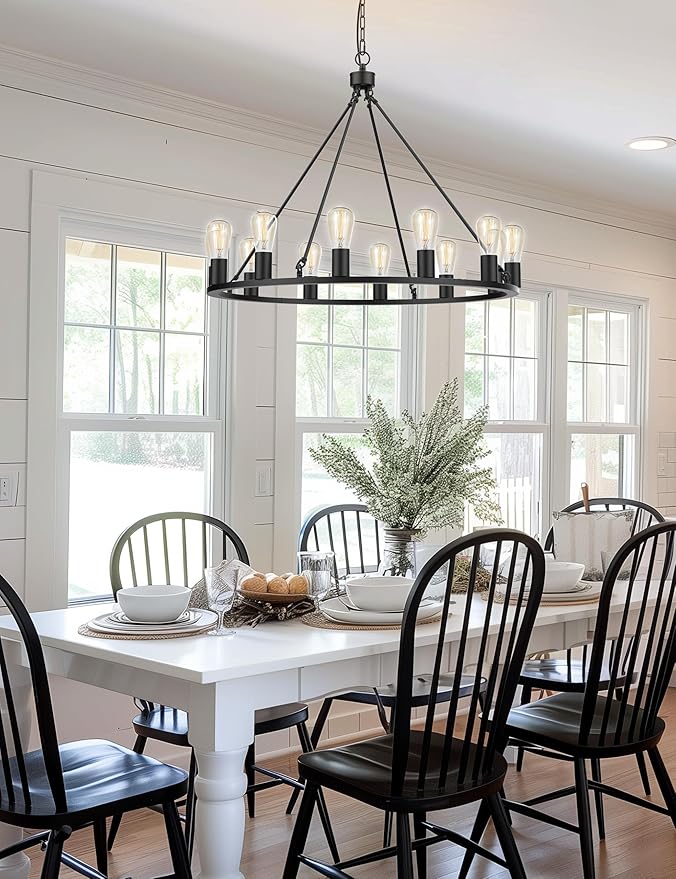 L LOHAS LED Black Farmhouse Chandeliers for Dining Room, 12-Light Wagon Wheel Chandelier Over Table, Height Adjustable, 32" Dining Room Light Fixture, Modern Chandelier for Kitchen Island Living Room