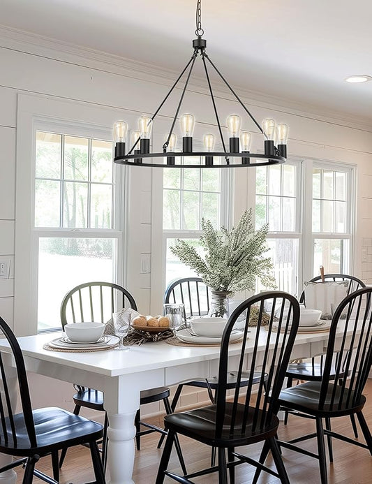 L LOHAS LED Black Farmhouse Chandeliers for Dining Room, 12-Light Wagon Wheel Chandelier Over Table, Height Adjustable, 32" Dining Room Light Fixture, Modern Chandelier for Kitchen Island Living Room