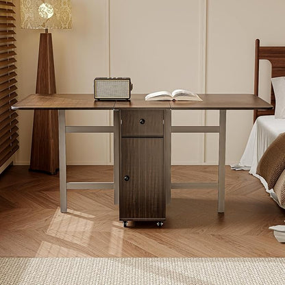 No Assembly Required Foldable Dining Table, Space Saving Extendable Kitchen Island with Drop Leaves for 2-6 People, Collapsible Craft Table with Movable Swivel Wheels for Small Spaces, Walnut