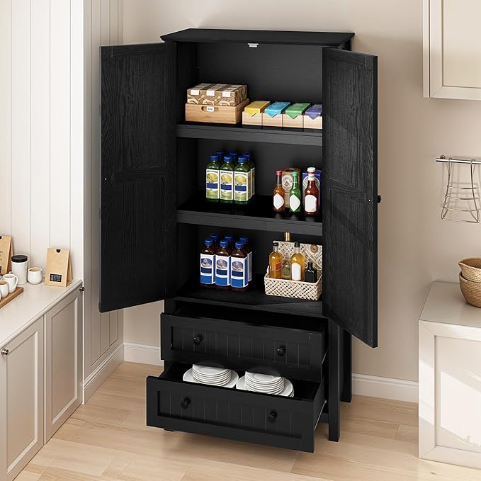 DWVO Farmhouse Kitchen Pantry Cabinet, 64.5" Tall Storage Cabinet with 2 Drawers and Adjustable Shelves, Versatile Storage for Living Room, Dining Room or Hallway, Oak Black