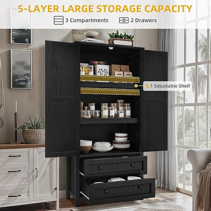 DWVO Farmhouse Kitchen Pantry Cabinet, 64.5" Tall Storage Cabinet with 2 Drawers and Adjustable Shelves, Versatile Storage for Living Room, Dining Room or Hallway, Oak Black