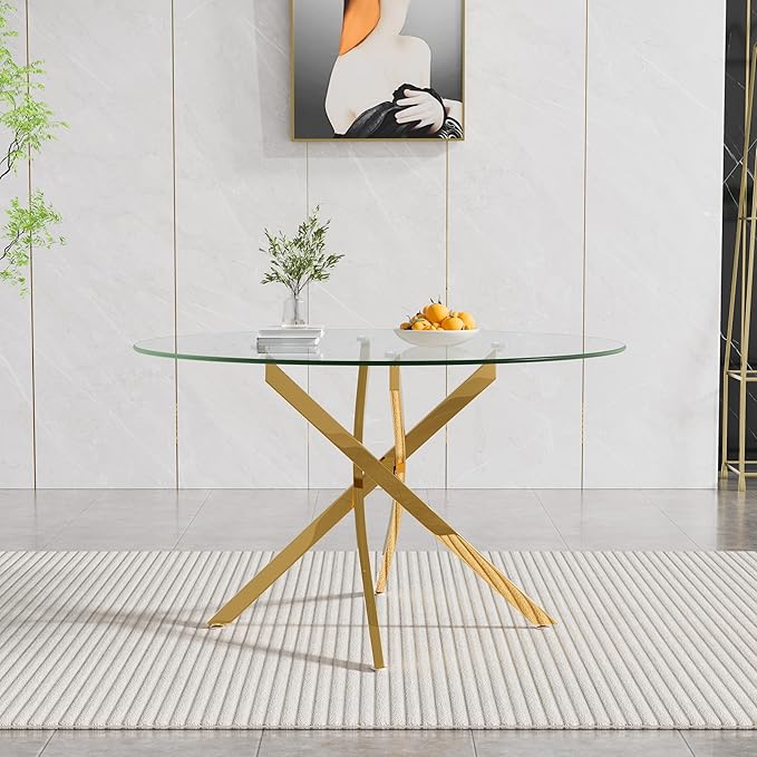 Round Dining Table, 47 Inch Glass Kitchen Table for 4-6 People, Tempered Glass Dinner Room Table with Gold X Metal Legs, Modern Circle Coffee Table for Home Dining Room Kitchen Restaurant
