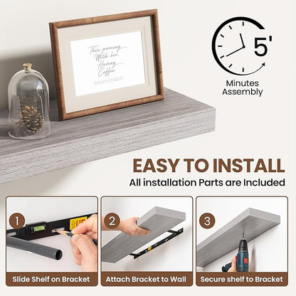 Acovy 72 Inch Floating Shelves for Wall 1 Pack, 72" Wall Shelves for Books, Storage, Decor, Wall Mounted Floating Shelf with Invisible Brackets for Kitchen, Living Room, Gray