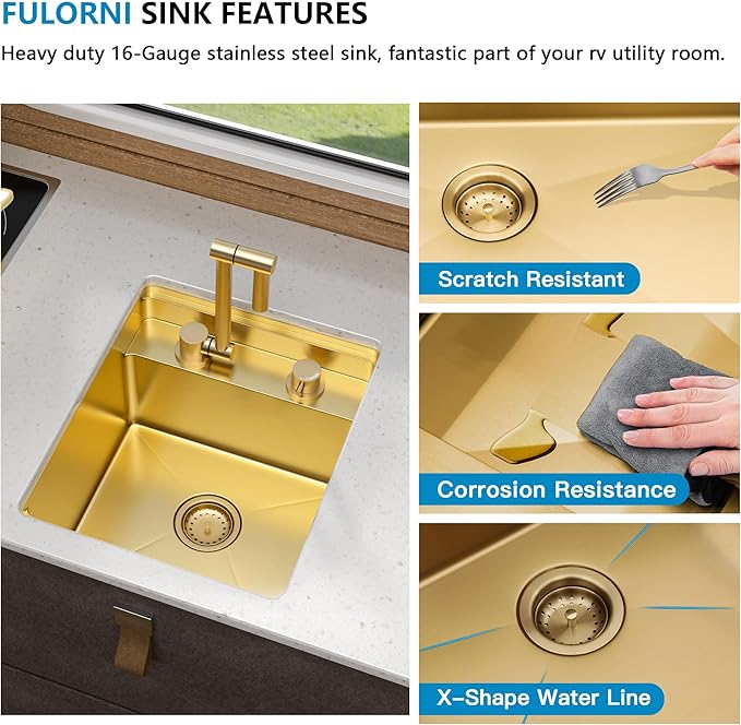 15"x17" Undermount RV Kitchen Sink Workstation – Brushed Gold NANO-PVD, 16 Gauge 304 Stainless Steel, Single Bowl Basin with Foldable Faucet for RV, Camper, Mobile Home, Wet Bar