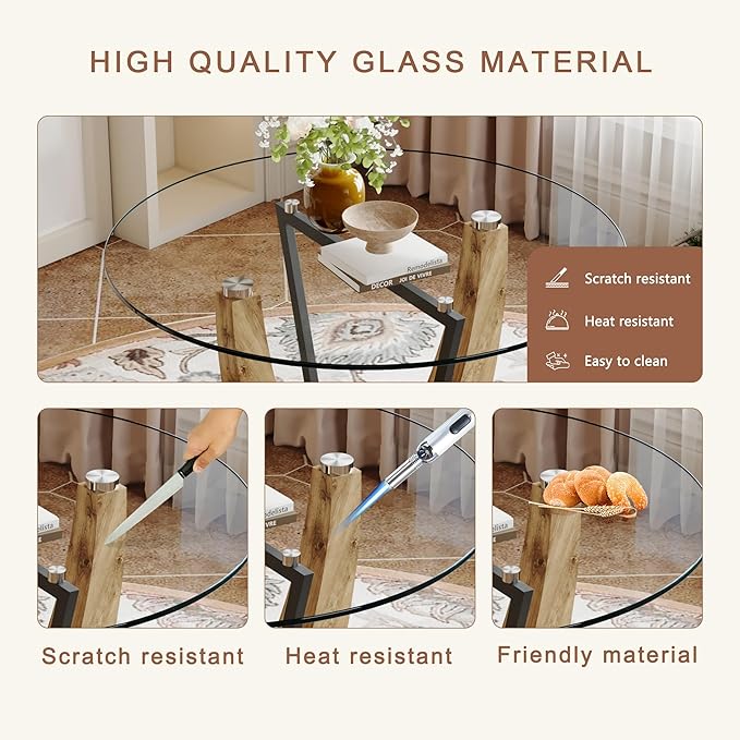 JUFU Round Dining Table for 4, 42 Inch Dining Room Table, Wood Small Kitchen Table with Stable Pedestal, Modern Glass Dining Table for Kitchen,Living Room,Apartment,Restaurant