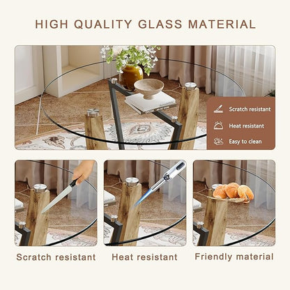 JUFU Round Dining Table for 4, 42 Inch Dining Room Table, Wood Small Kitchen Table with Stable Pedestal, Modern Glass Dining Table for Kitchen,Living Room,Apartment,Restaurant