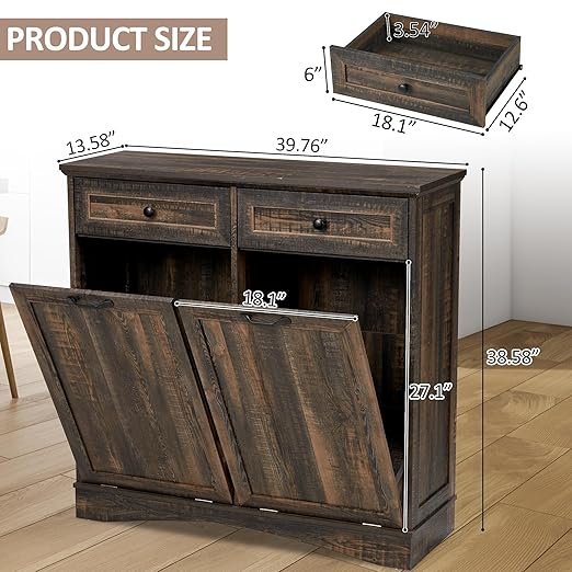 Double Tilt Out Trash Cabinet Freestanding Wooden Garbage Can Cabinet with Hideaway Drawers, 2x13 Gallons Pet Proof Garbage Can Holder for Kitchen Living Room, Rustic Brown