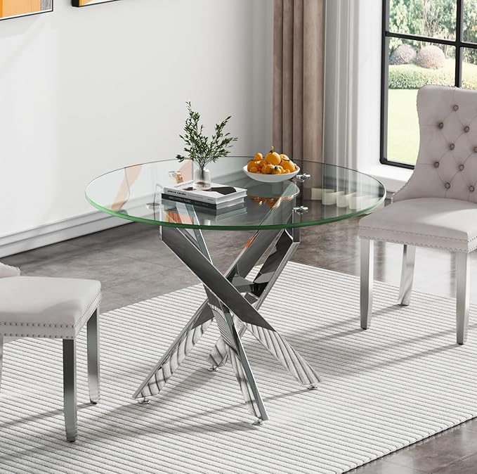 36'' Round Dining Table for 2-4, Round Dining Room Table for Small Space, Silver Glass Kitchen Table for 4, X-Shape Metal Legs