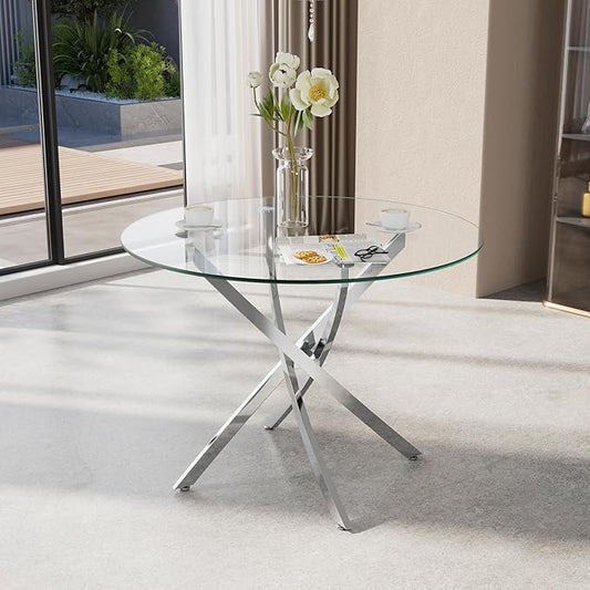 36" Modern Minimalist Round Glass Dining Table,4-Person Luxury Table with Tempered Glass Top & Adjustable Chrome- Metal Legs,for Dining Room, Kitchen & Living Room(Silver)