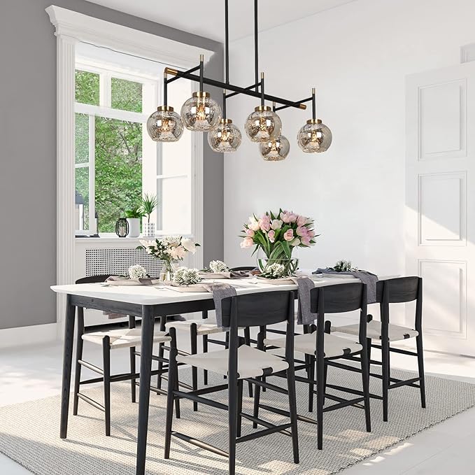 KSANA Dining Room Light Fixture, Modern Metal Black Gold Chandelier for Kitchen Island with Mercury Glass Shades, 27.5"