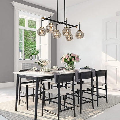 KSANA Dining Room Light Fixture, Modern Metal Black Gold Chandelier for Kitchen Island with Mercury Glass Shades, 27.5"