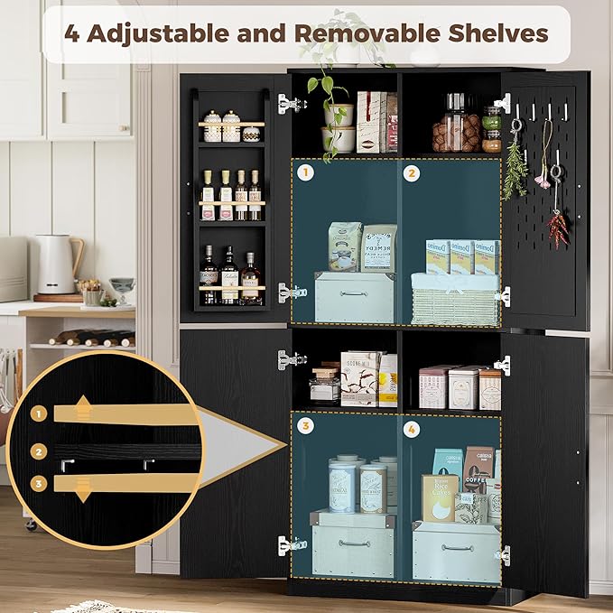IRONCK 71" Kitchen Pantry Storage Cabinet with Storage Rack, Pegboard Doors, 4 Adjustable Shelves, Food Pantry Cabinet, Freestanding Tall Cupboard for Dining Room, Kitchen, Black