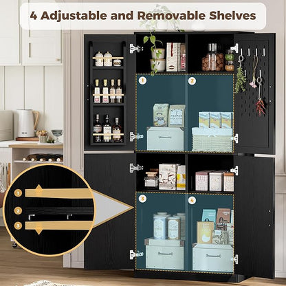 IRONCK 71" Kitchen Pantry Storage Cabinet with Storage Rack, Pegboard Doors, 4 Adjustable Shelves, Food Pantry Cabinet, Freestanding Tall Cupboard for Dining Room, Kitchen, Black