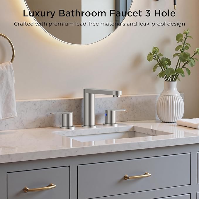 QFN Brushed Nickel Bathroom Faucets 3 Hole, 8 inch Widespread Bathroom Faucet with Pop Up Drain and 24" cUPC Supply Hoses, Lead-Free Two Handles Suitable for 6-12 Inch RV, Restroom, Vanity Sink
